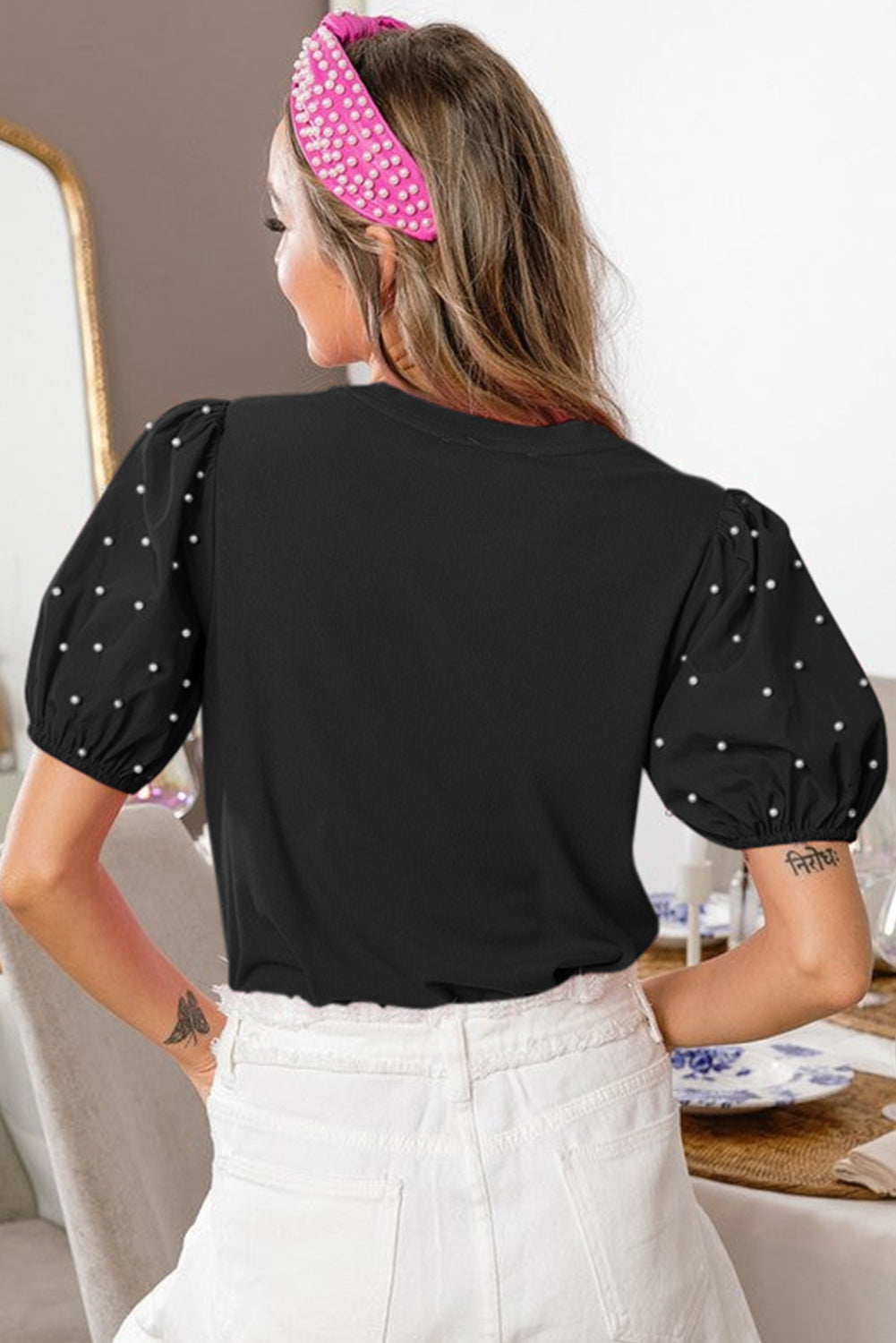 Bright Pink Ribbed Pearl Beaded Puff Sleeve Top
