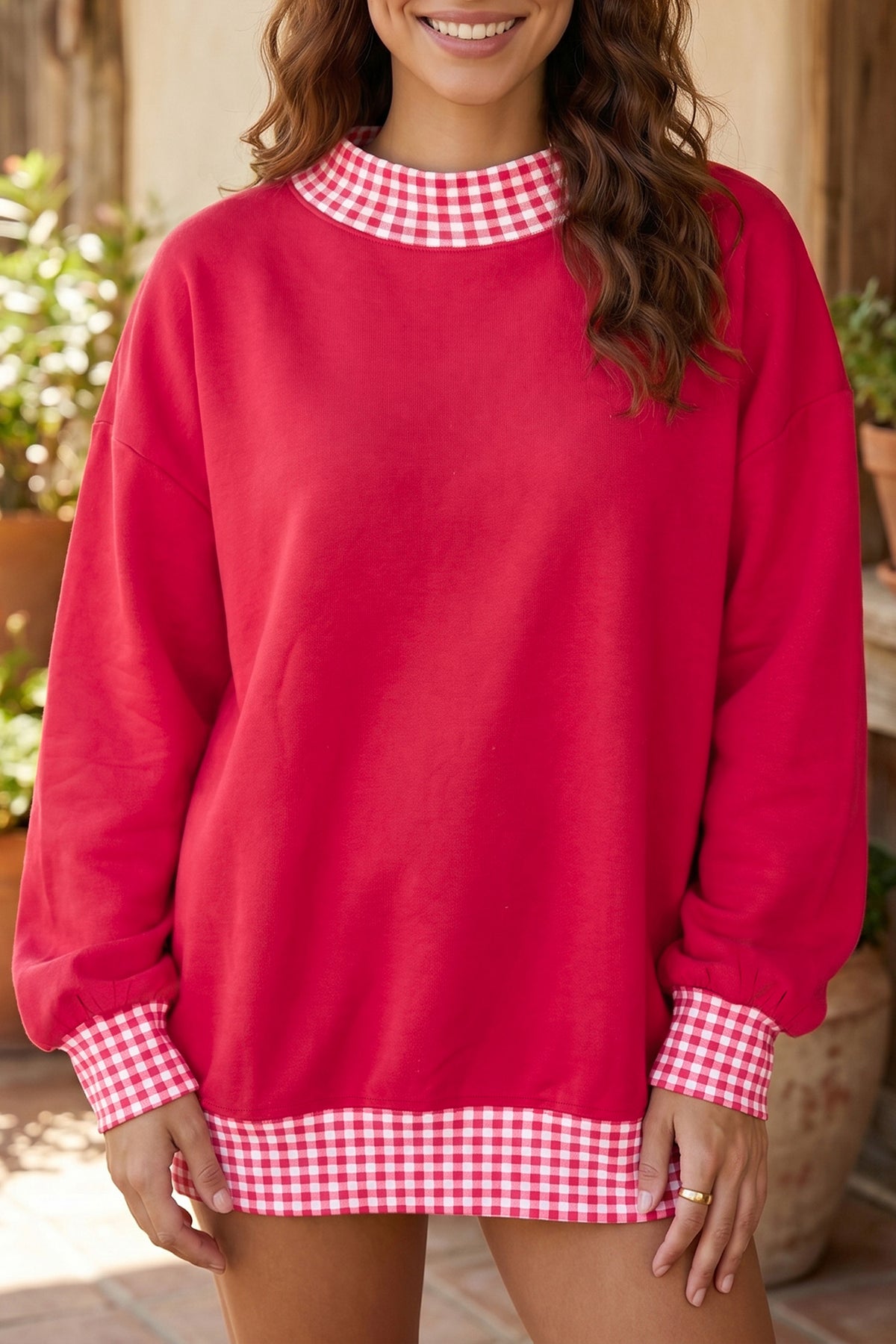 Orange Colorblock Polka Dot Contrast Trim Oversized Sweatshirt