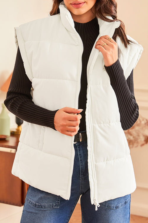 Beige  Zipper Stand Neck Oversized Puffer Vest