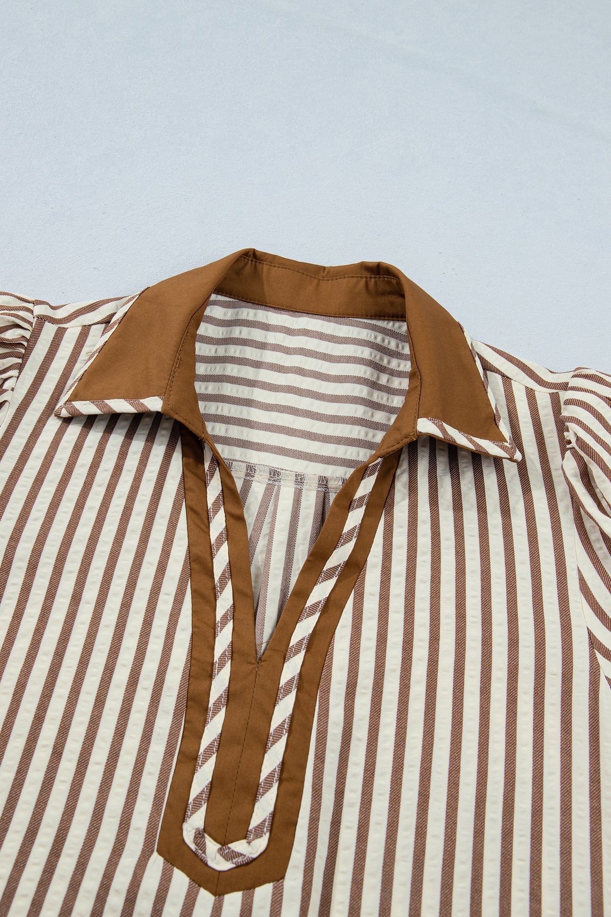 Brown Stripe Shirt Collar Color Block Patchwork Trim Ruffle Hem Short Dress